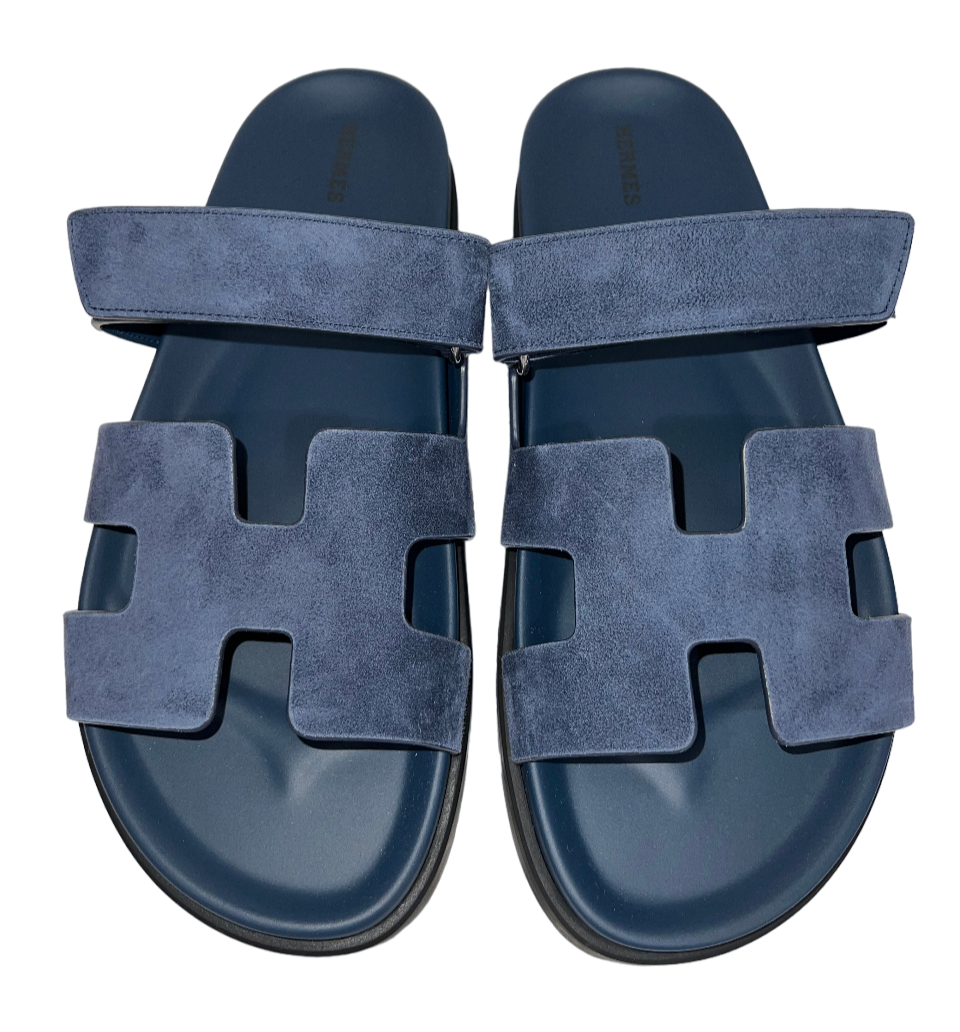 Hermes Chypre Sandal Blue Celeste Dark Suede Logo Strap  display picture 3