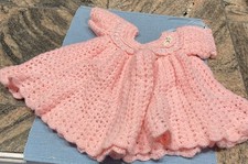 Handmade Crochet Baby Dress Pink Short Sleeve Ribbon Buttons