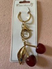 Cherry Bag Charm Keychain Red Resin  Gold Tone Keyring