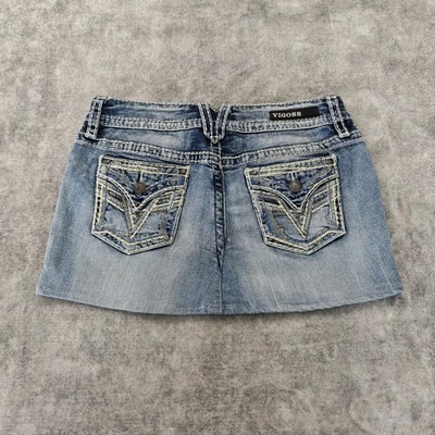 Vigoss Y2K Jeans Minirock M Bestickt Low Rise 2000s Denim Skirt Blau