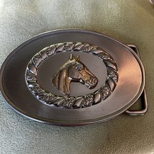 Horse Head Belt Buckle Oval Western Vintage Cowboy Rodeo Raised Roping 3.25