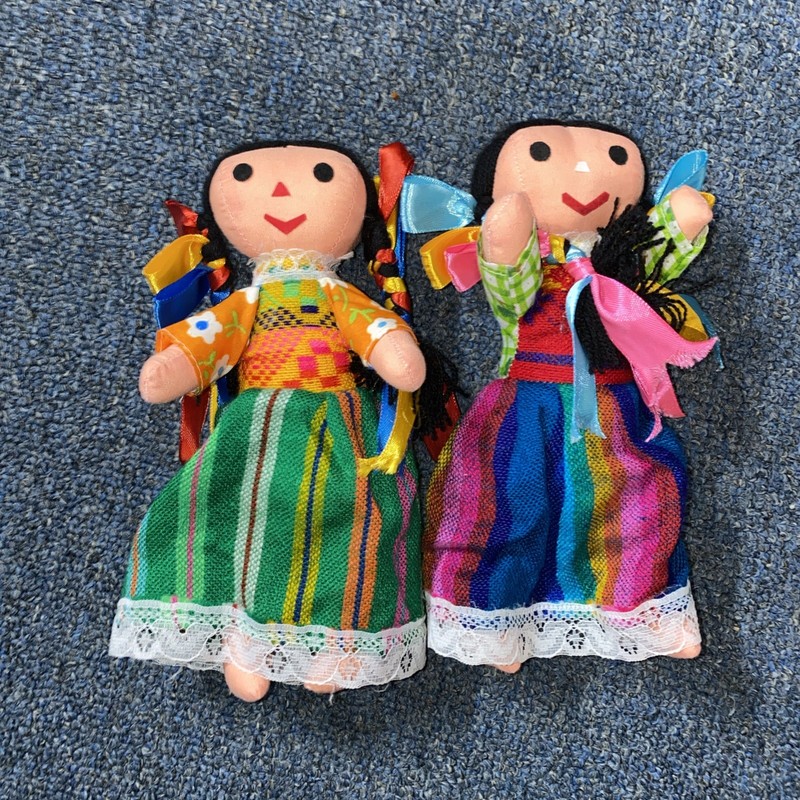 Set Of 2 Black Haired Mexican Folk Art Rag Doll W Poseable Arms and Legs 8”