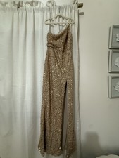 Gold Sequin Strapless Maxi Dress with Slit for Women Party Formal