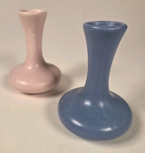 TWO Red Wing Rumrill Art Pottery 4" Mini Vases #323 What Nots in blue and pink