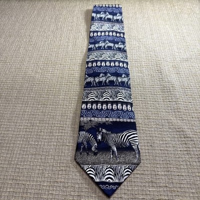 TESORO ROSSO MENS TIE BLUE WITH ZEBRAS 4 X 60 Hand Made 100% Silk