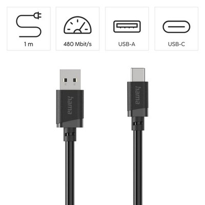 Hama USB-C   USB-A Ladekabel Datenkabel 60W 1m Schnellladekabel für Handy Tablet