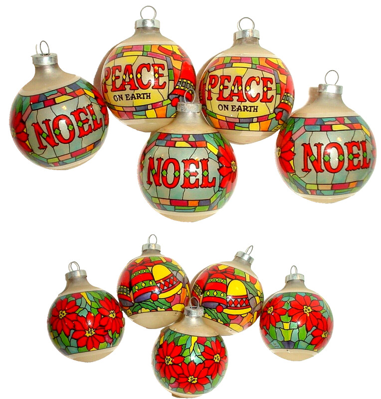 5 GLASS MULTICOLOR BALL ORNAMENTS PEACE & NOEL, STAINED GLASS/Sgnd RAY OWENS/2"