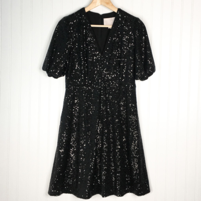 Gal Meets Glam Womens Fit & Flare Dress Black V Neck Short Sleeve Sequin 6