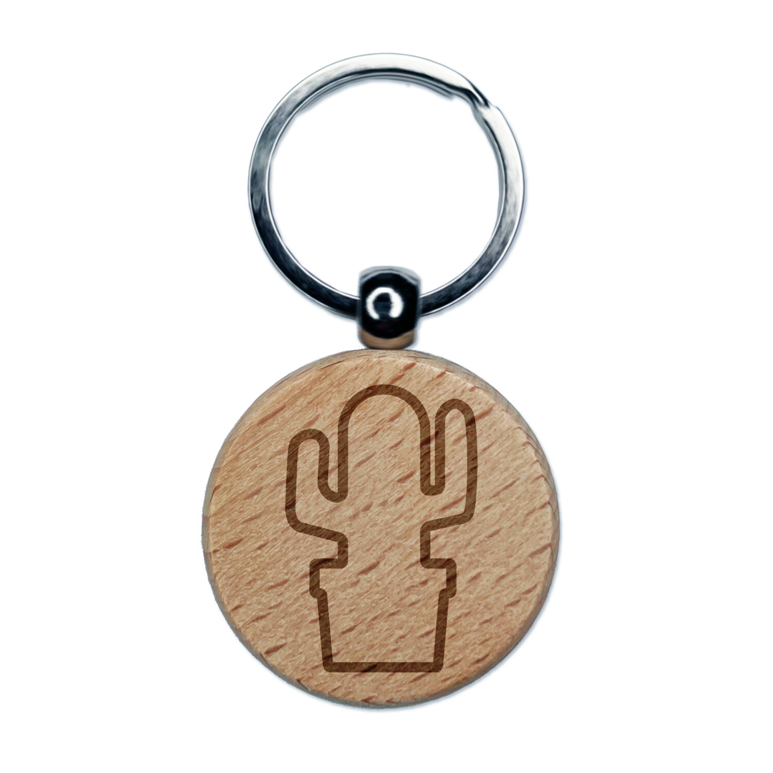 Cactus in Pot Outline Engraved Wood Round Keychain Tag Charm