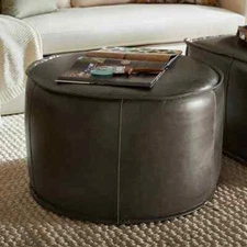 Genuine Leather Large Round Gray Pouf-30''Dx 19.5''H