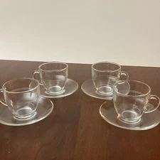 Duralex France Clear Ringed Glass Hot & Cold 4 Cup & Saucer Sets  6oz