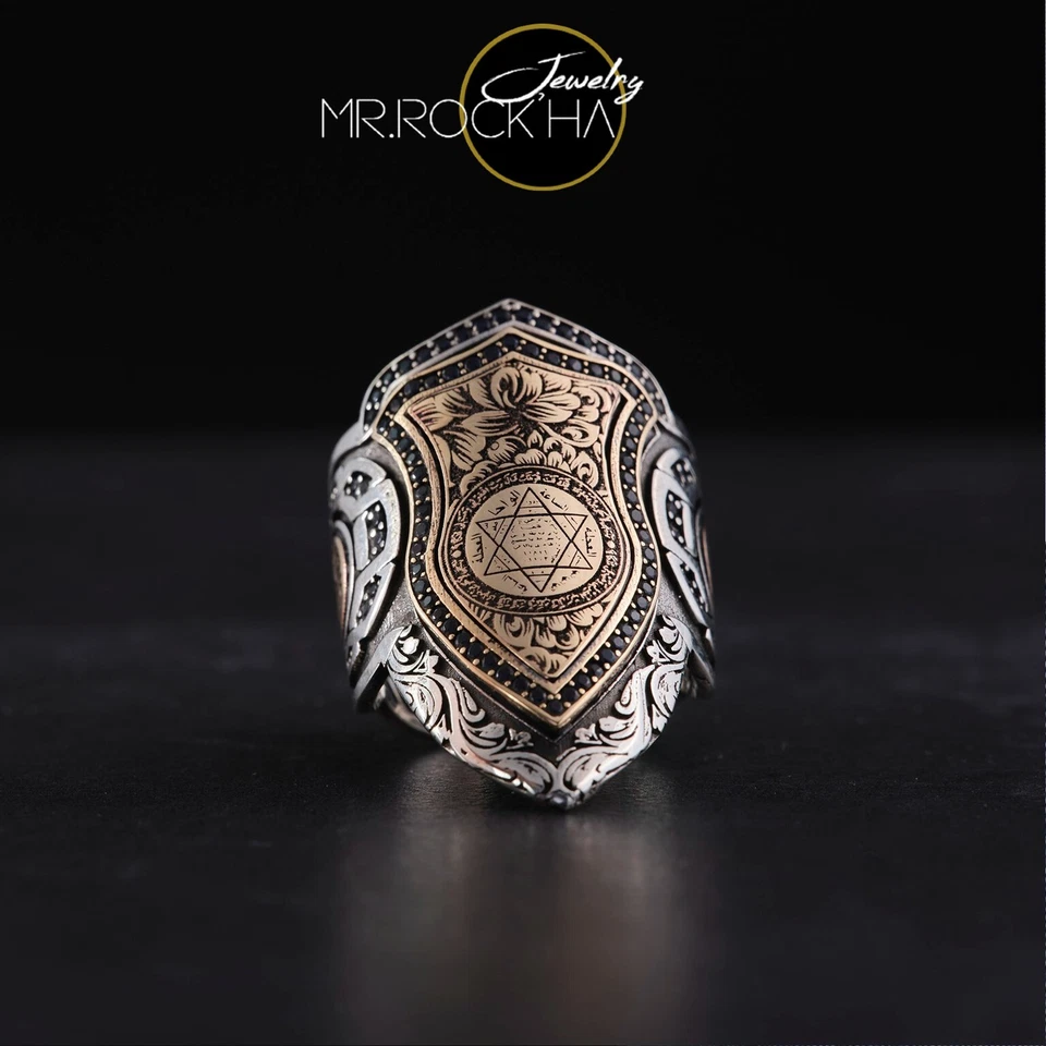 Sello de Salomón, motivo de grabado de flores, tallado a mano, anillo para el pulgar de plata 925 K para hombre Foto 2 de 4