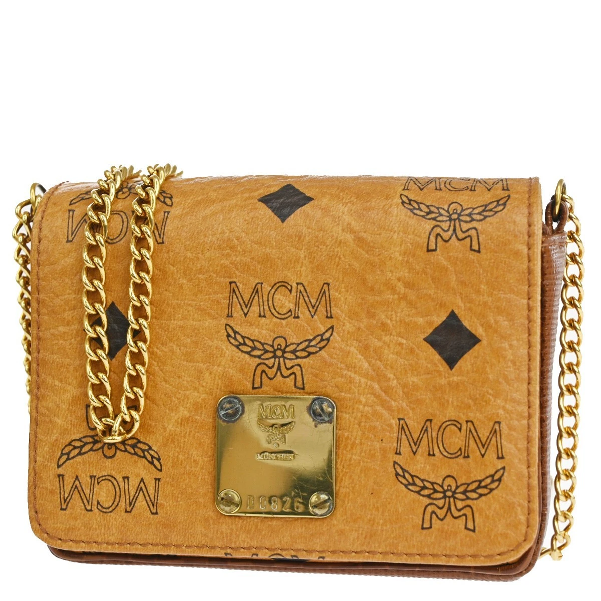 MCM Mini Logo Shoulder Bag Leather Brown Chain Gold Plated Germany 35SG542