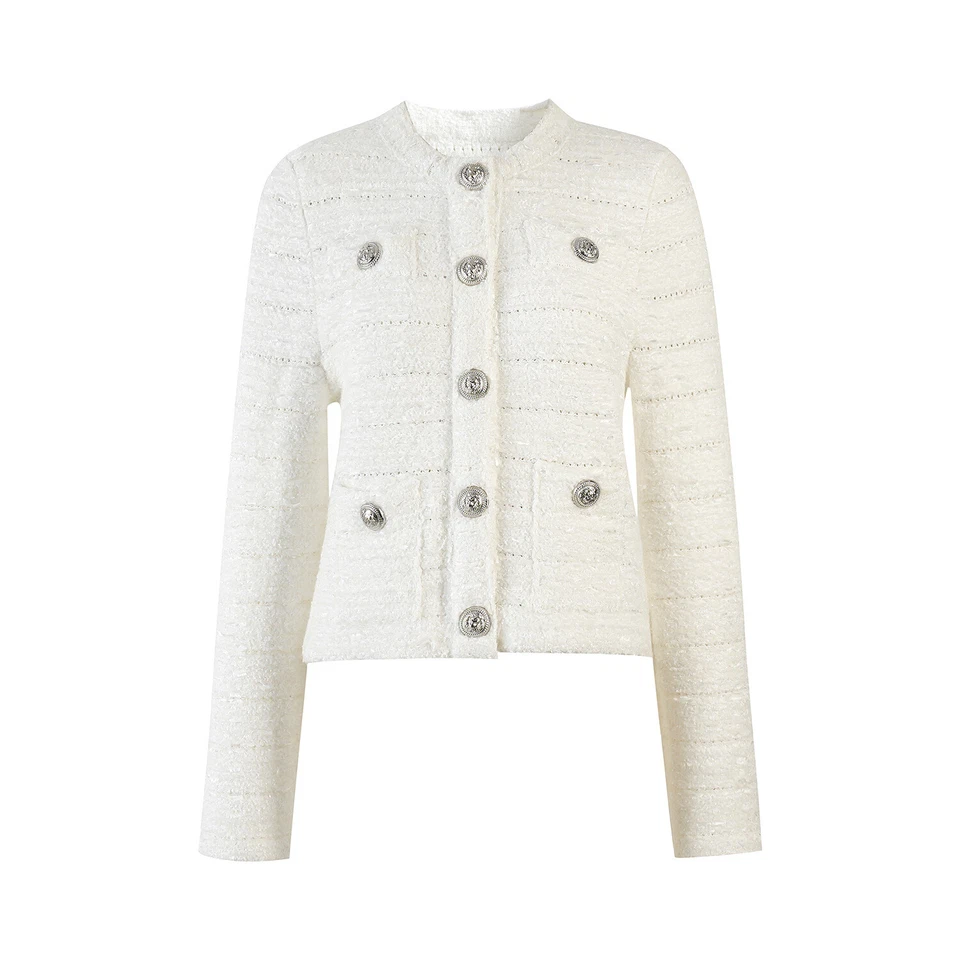 Chaqueta tejida manga larga VERONICA BEARD BRYNE para mujer tweed cuello redondo botón Foto 3 de 4