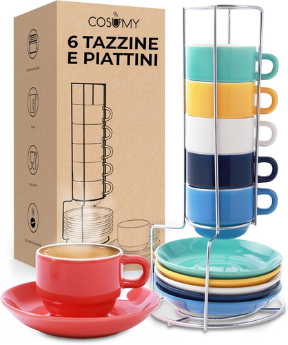 Set Di 6 Tazzine Da Espresso Con Supporto E Piatti Inclusi - Impilabili - Lavabi - Foto 12 di 12