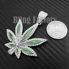 Iced Hip Hop Silver Plated Cubic Zirconia Marijuana Weed Leaf Fashion Pendant