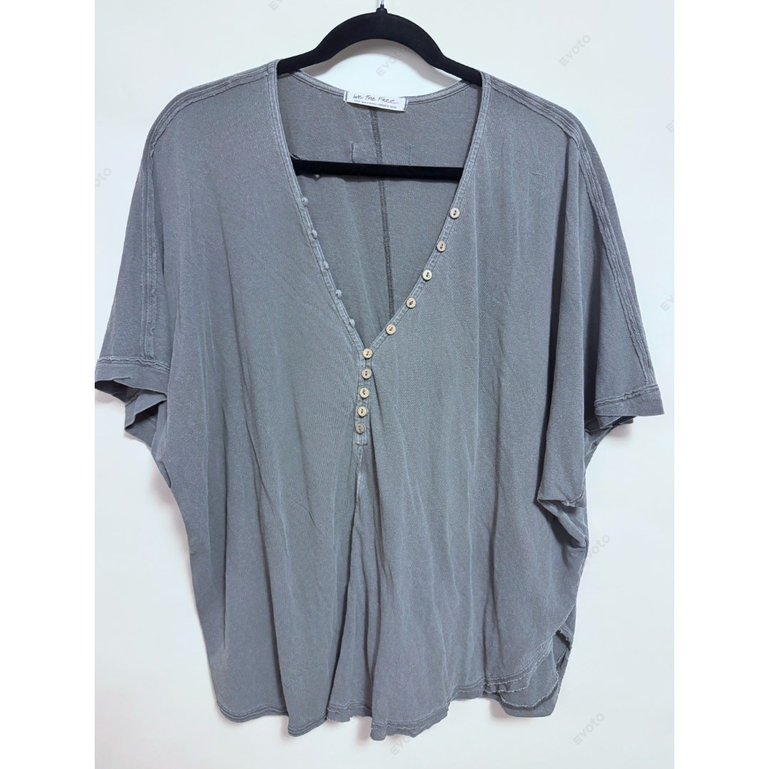We the Free by Free People Short Sleeve Cotton Henley Top Gray Large Boho
