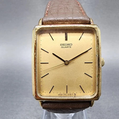 Seiko Tank Watch Men 26mm Gold Dial Gold Plated Rectangle 7431-5100 New Battery