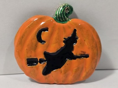 Halloween Jewelry Brooch Pinback Flying Witch On Pumpkin