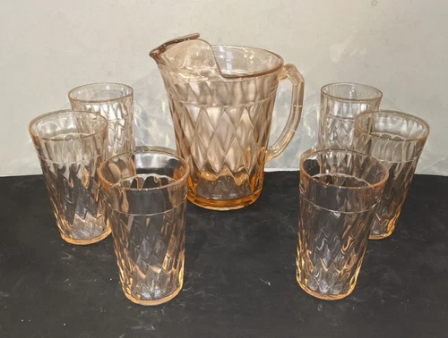 Vintage Hazel Atlas Diamond Optic Pink Depression Glass Water Pitcher 6 Tumblers