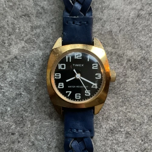Vintage Timex Womens Mechanical Watch 25mm Gold Tone Case With Black Dial BA