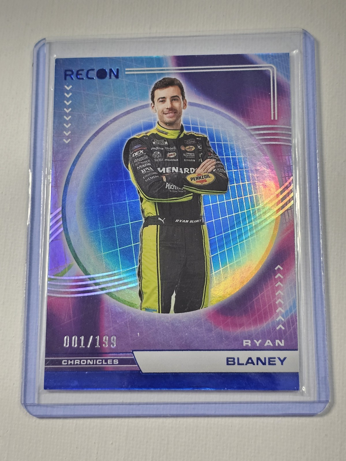 2023 Panini Chronicles NASCAR Recon Ryan Blaney Blue Parallel 001/199