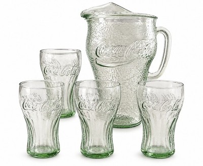 Coca-Cola 5pc Pitcher & Glasses Green Soda Embossed Contour Glass Set Barware