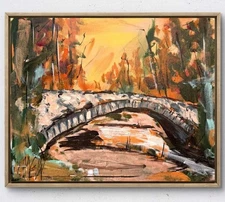 Maria Art ORANGE WATER BRIDGE 14x11 CANVAS BOARD Abstract Wall Canvas Landscape