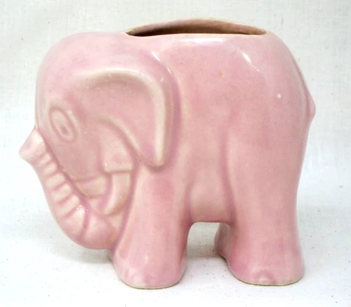 VINTAGE MCCOY PINK ELEPHANT CERAMIC GLAZED POTTERY PLANTER TRUNK UP 1950S