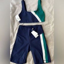 Tory Burch blue/white/green color block sports bra  highrise bike shorts set XS