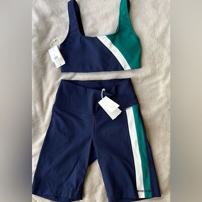 Tory Burch blue/white/green color block sports bra & highrise bike shorts set XS