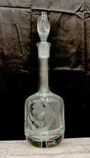 Vintage Etched Floral Crystal Wine Decanter with Stopper Toscany Romania 16.5”