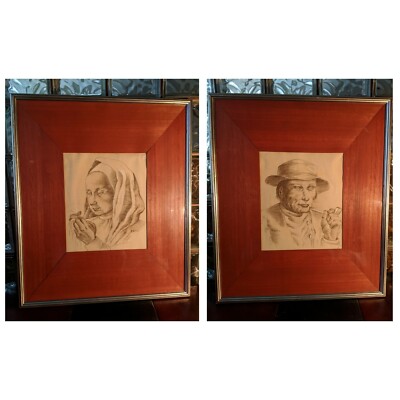 PAIR M. Mildred Waters 50s Midcentury Framed Drawings California Listed mcm art