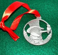 Vintage Pewter Snowman Head Christmas Ornament Wall Hanging Red Ribbon Holiday