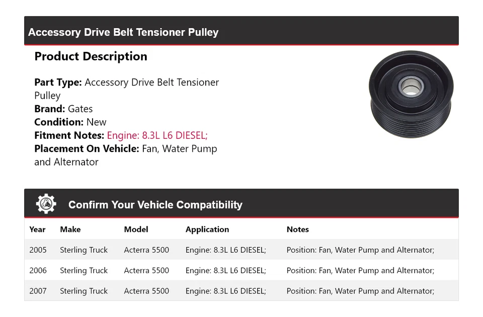 For 2005-2007 Sterling Truck Acterra 5500 Drive Belt Tensioner Pulley Gates 2006 - Image 2 of 4