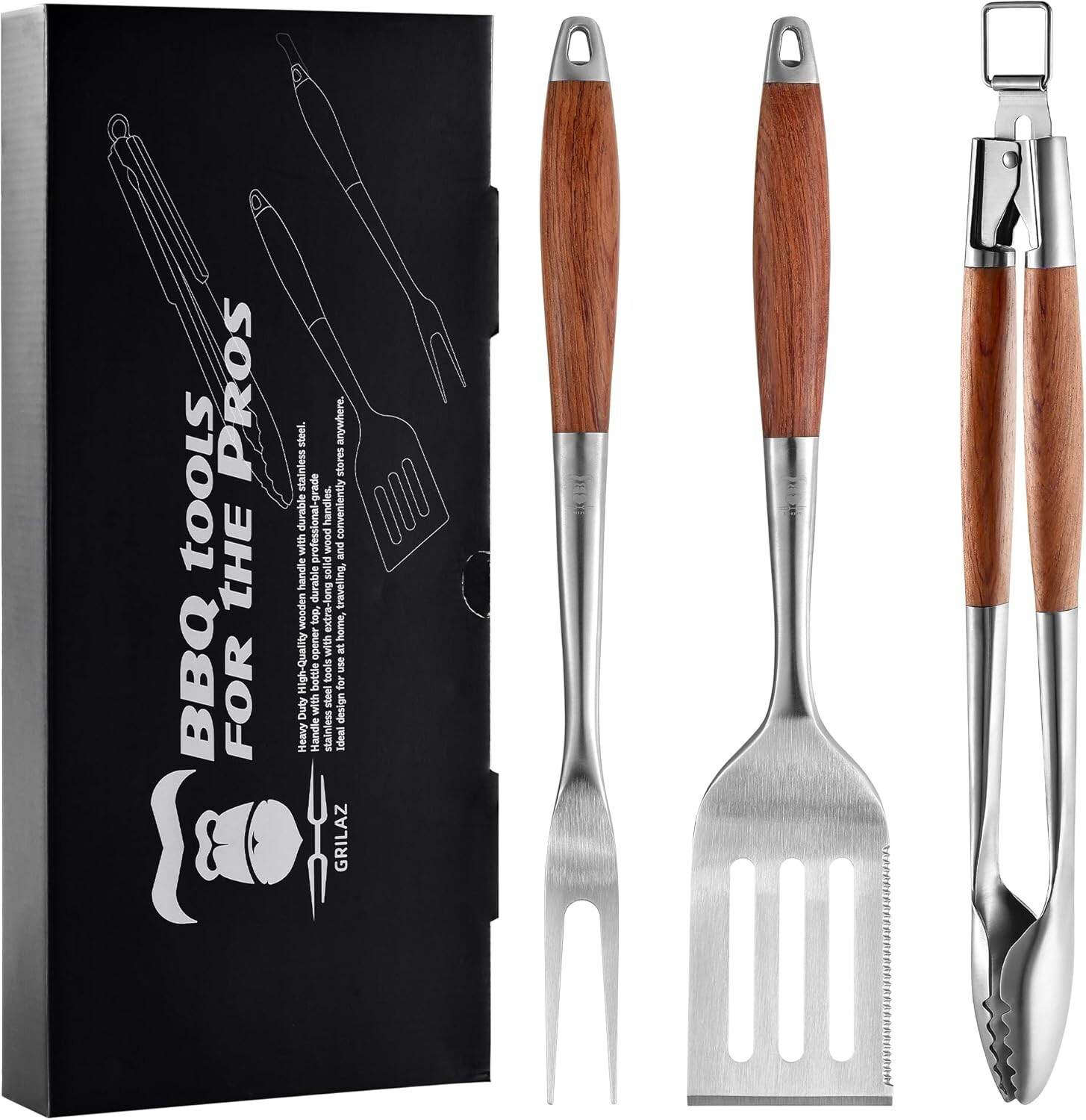 Ideal Gift: Heavy-Duty Rosewood 3-Piece BBQ Grilling Tools Set for Enthusiasts