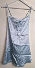 Pretty Little Thing Blue Satin Dress Cowl Strappy Tie Back Mini Sling Dress UK6