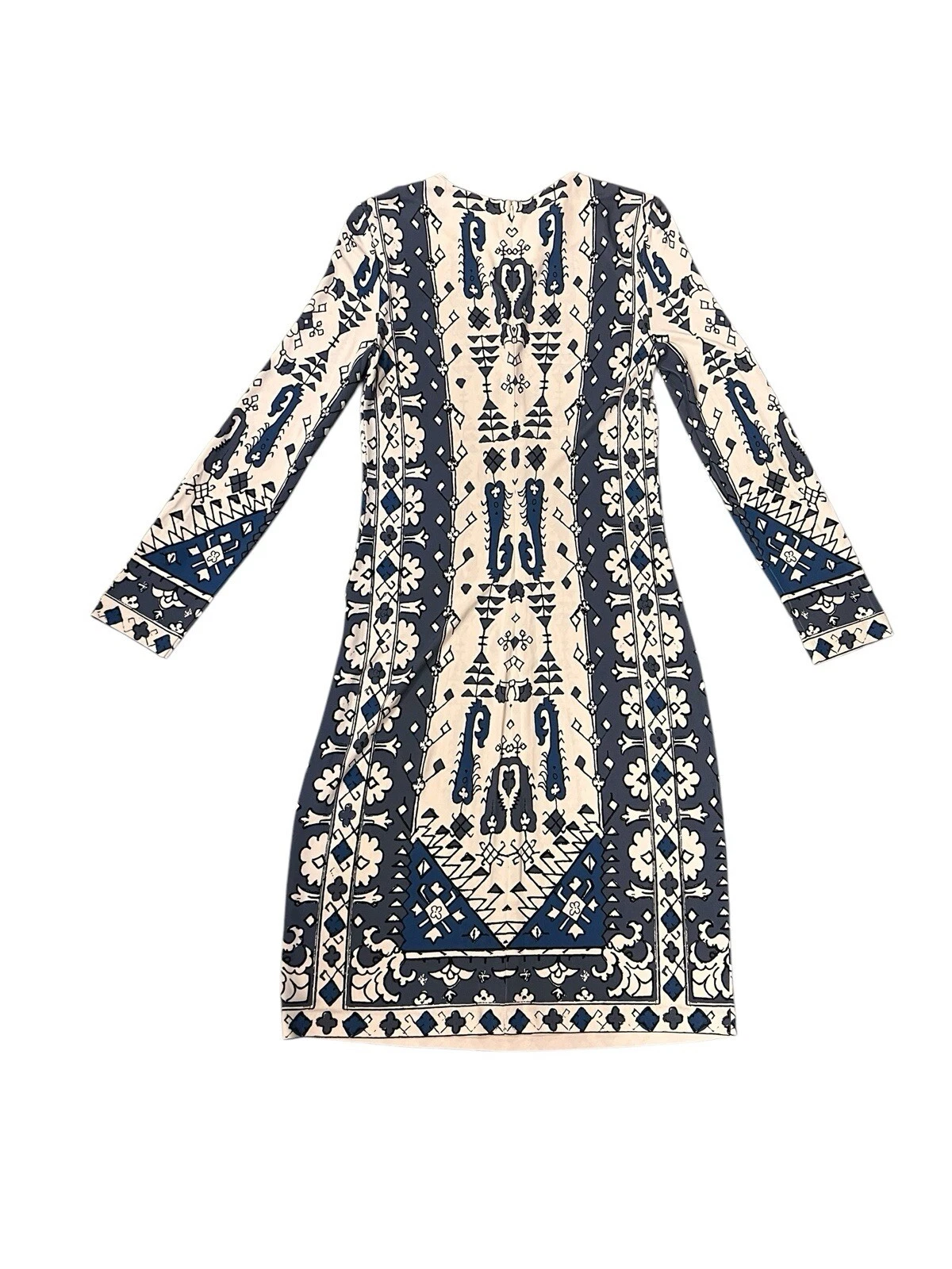 Abito a tubino Tory Burch stampato in jersey opaco manica lunga Malibu blu Lisbona taglia S