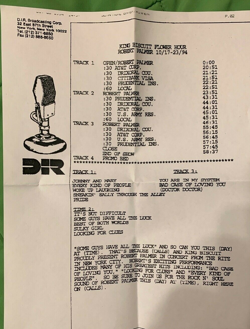 Robert Palmer King Biscuit Flower Hour Radio Show 10/17/94 with Cue
