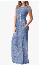 Summer Sun Maxi Dress Large Blue Paisley Short Sleeve Soft Jersey Material Boho