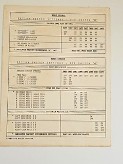 BALLY SENTE NIGHT STOCKER ARCADE GAME OPTION SWITCH SETTINGS DIP SWITCH CARD
