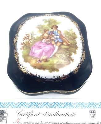 Limoges Castel Porcelain Trinket Box Romantic Courting Couple Black W/ COA 4x4 
