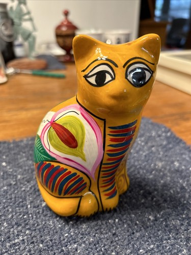 Mexico Folk Art Red Clay Hand Painted Cat Figurine w/ Ornaments 5x3" - Picture 6 of 6