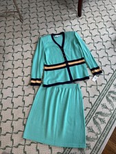 St John Knit Collection 2 Piece Set Turquoise Green Cardigan 4 Skirt 6 New