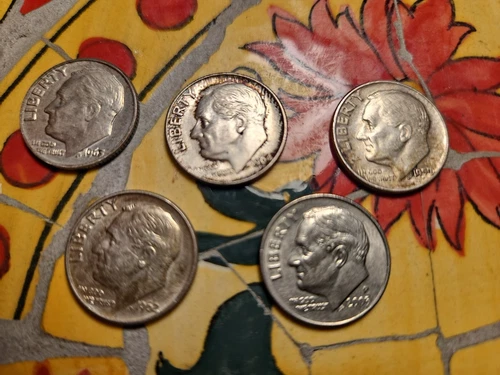 5 CIRCULATED SILVER ROOSEVELT DIMES, 1959, 1962, 1963D, 1964, 2005P, FINE+