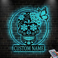Letrero de Calavera de Azúcar Personalizado con Luz LED Nombre de Calavera Hombre Decoración de Cueva