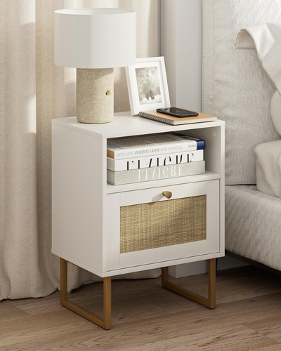 Rattan Nightstand,Modern Boho Farmhouse Wood Bedside Table with Storage Drawe...