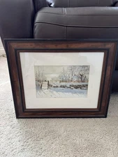 Beautiful Vintage Midwest Farm Winter Snow Painting Print 9.5x6.5 In Picture