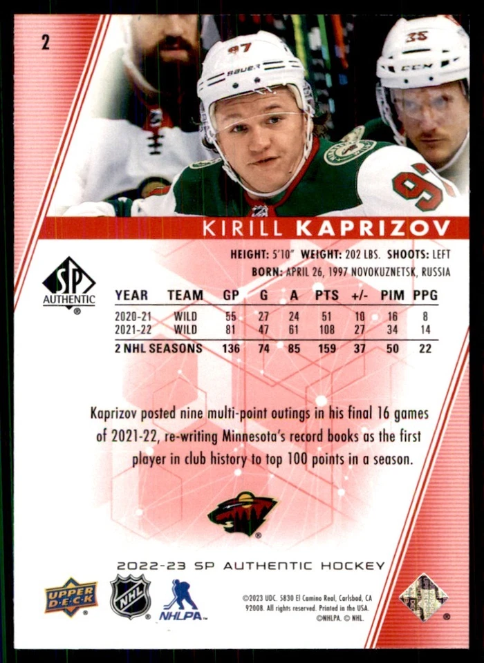 2022-23 SP Authentic Limited Red Kirill Kaprizov Minnesota Wild #2 - Image 2 of 2