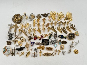 Lot Of 73 Vintage Angel, Cross, Gold Tone Hat Lapel Pins *READ*